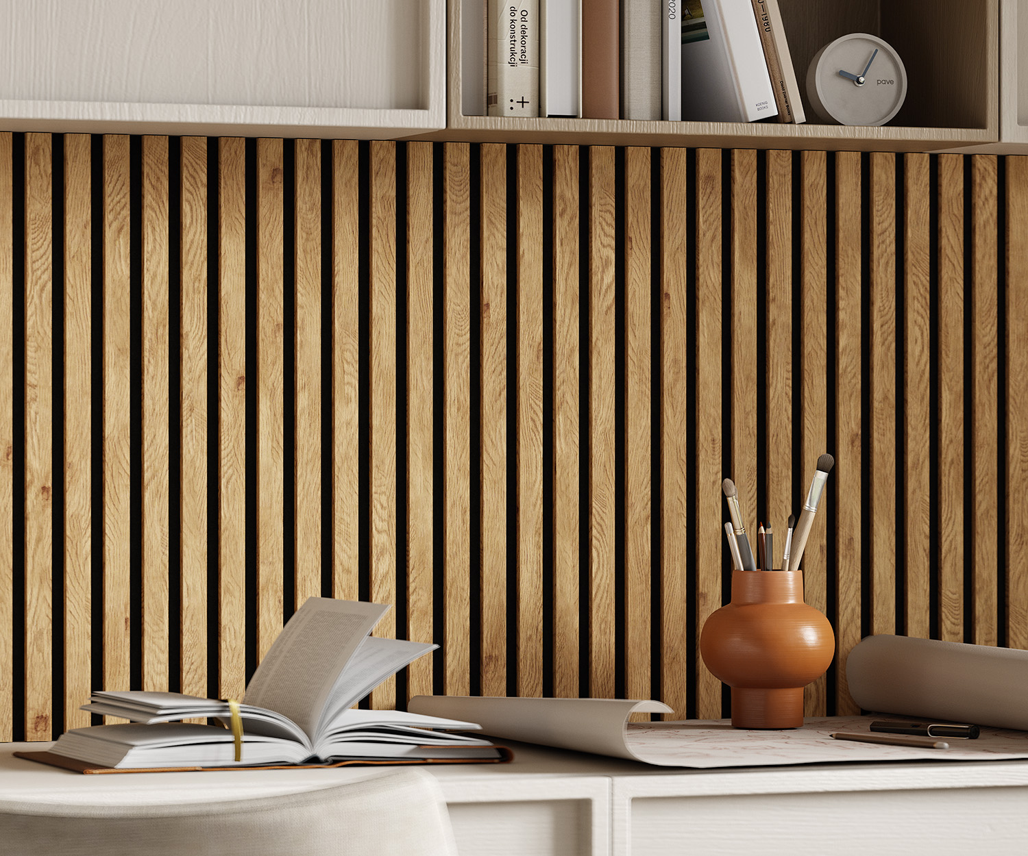 МДФ стеновая панель акустическая Cosca Decor Сканди Дуб Медный черный войлок 2750×600×19 фото в интерьере